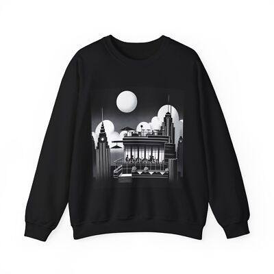 Adult Crewneck Sweatshirt Art Deco Moonlit Cityscape Rooftop Social Party Luxury