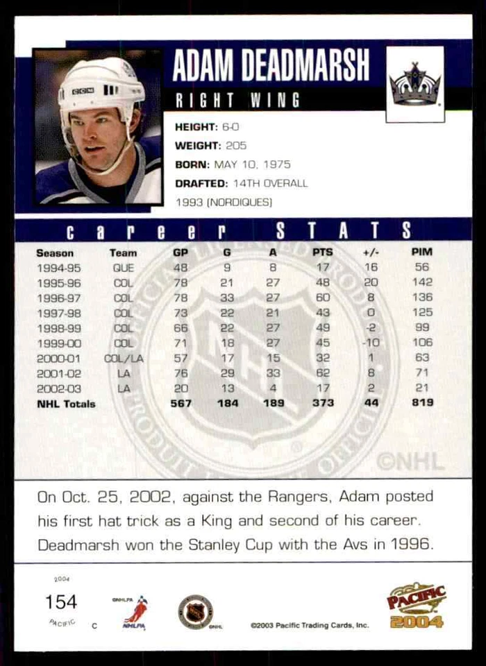 2003-04 Pacific Adam Deadmarsh #154 - Image 2 of 2