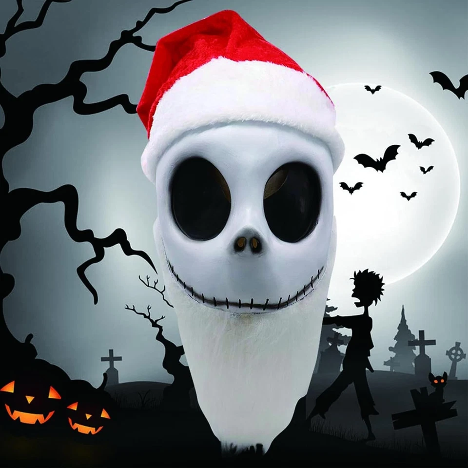 NEW Santa Jack Mask Costume The Skeleton White Beard Red Hat Party Cosplay - Image 2 of 4