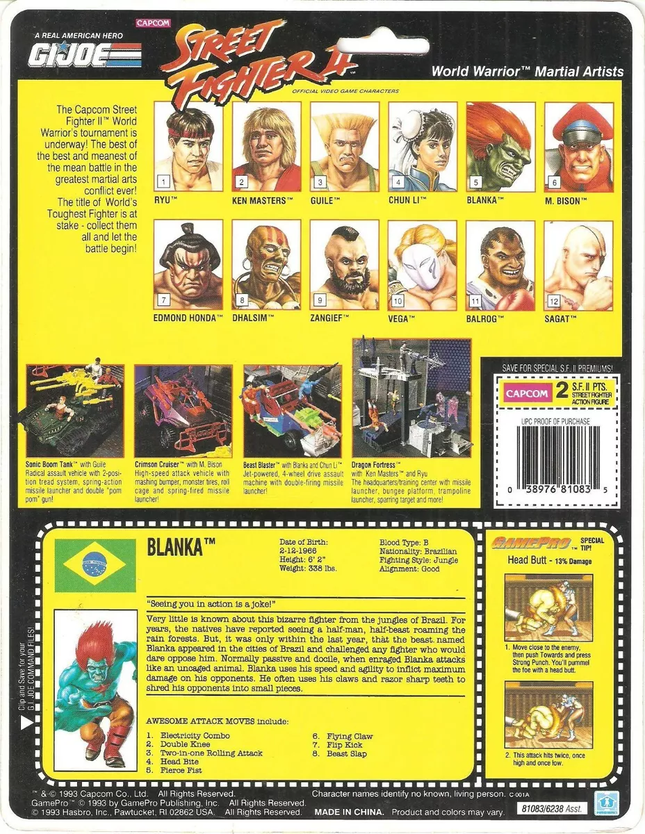 1993 Street Fighter II Blanka v.1 UNCUT CARD BACK full file backer GI Joe  JTC