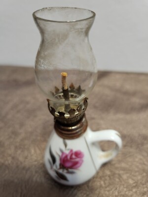 Vintage Mini Oil Lamp Japan White Porcelain Floral Base Clear Glass Chimney
