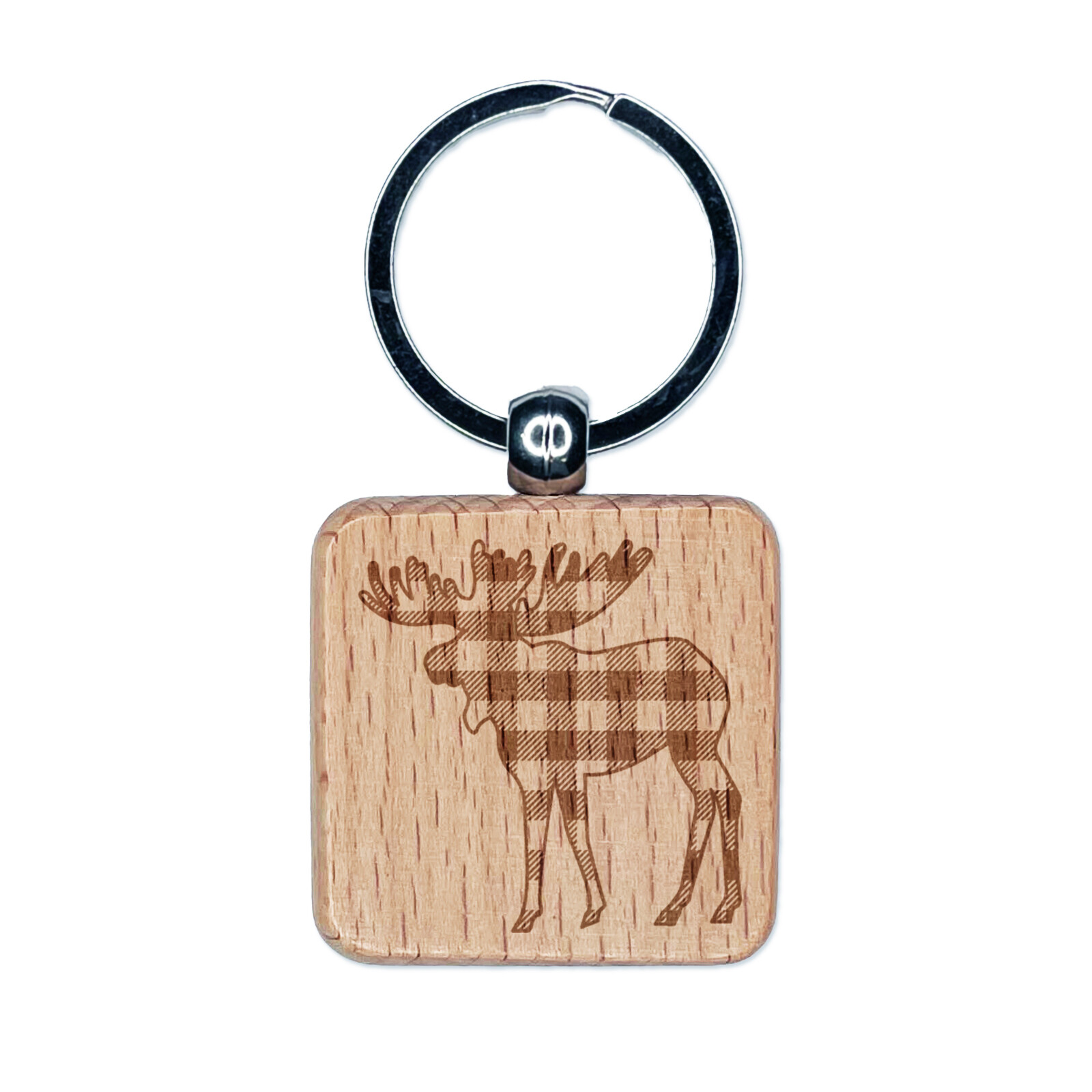 Plaid Buffalo Moose Engraved Wood Keychain Charm