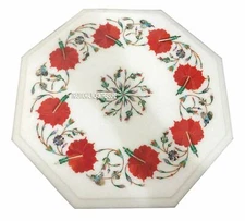 15" White Marble Coffee Table Top Rare Coral Gem Mosaic Work Art Inlay Art Decor