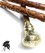 Vintage Fancy Hand Carved Walking Stick Wooden Cane Victorian Brass Handle Gift.