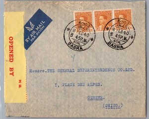 1940 Iraq Basrah Opened By Censor Air Mail Cover to Switzerland Geneve