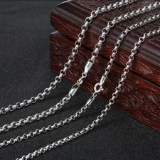 Pure S925 Sterling Silver Chain 3mm 4mm Cable Rolo Link Necklace 16-32inch