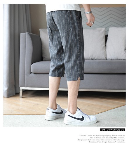 Mens Vintage Stripe Summer Cotton Linen 3/4 Pants Casual Loose Trousers M-4XL - Picture 10 of 15