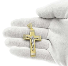 Jesus Crucifix Cross Pendant 10k Gold Two Tone CZ Charm 1.9 inch