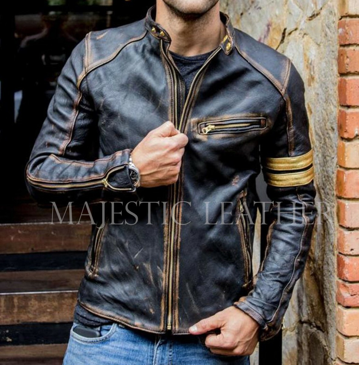 Men's Biker Vintage Golden Striped Black Luxury Handmade Lamb