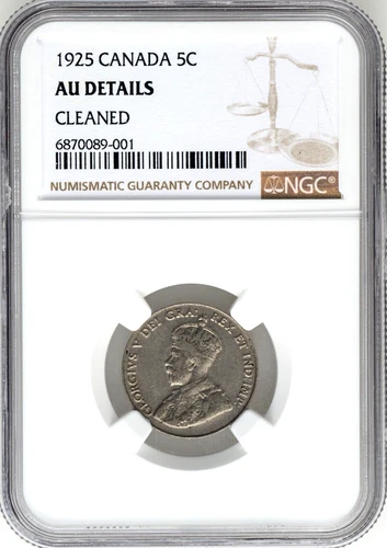 Canada. George V 1925 Key Date Nickel 5 Cents, NGC AU Details,  KM-29