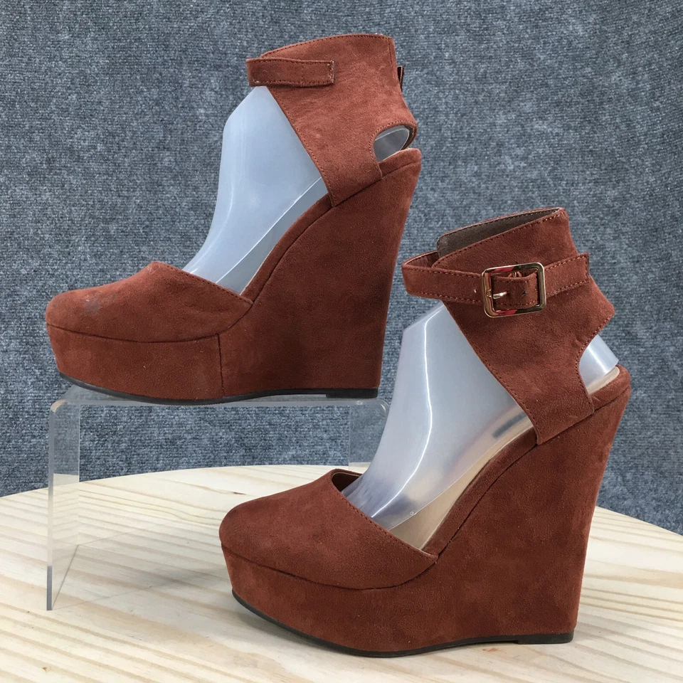 Forever 21 Wedge Platform Pumps Womens 7 Brown Ankle Buckle Strap Suede Casual - Image 2 of 4