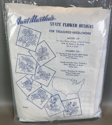 VTG Aunt Marthas 50 State Flower Hot Iron Transfers Quilt Blocks 9  White NEW