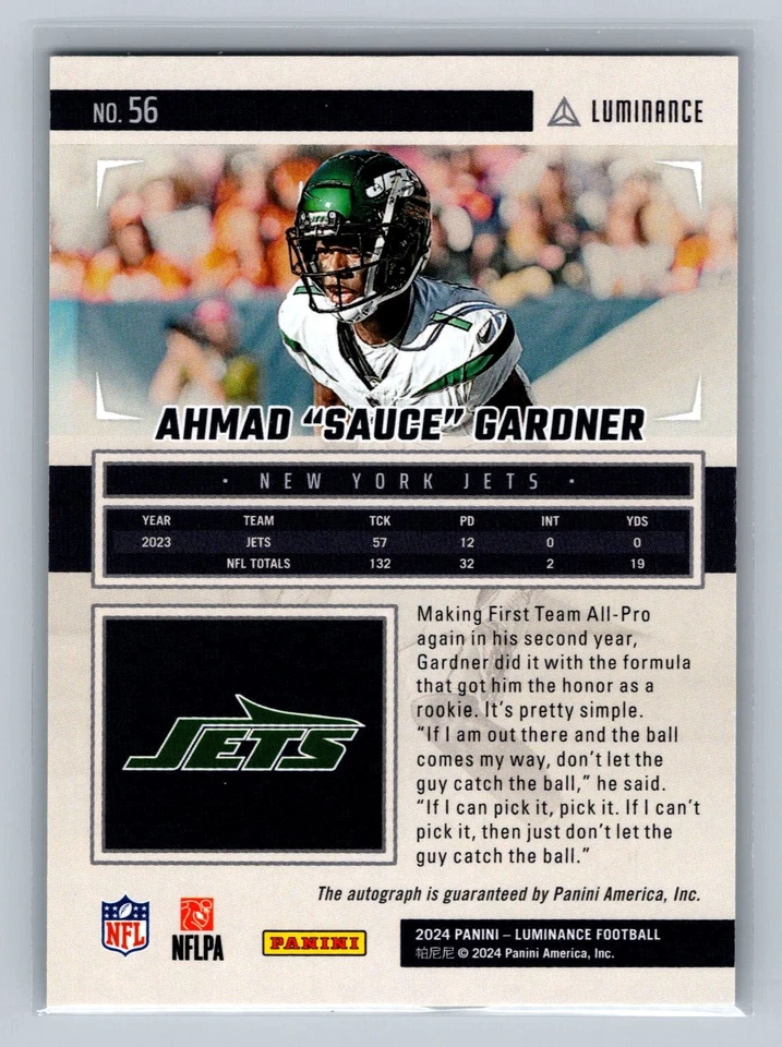 2024 Panini Luminance #56 Ahmad "Sauce" Gardner Luminance Autographs Green #/25 - Image 2 of 2