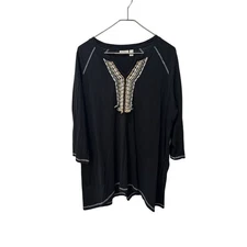 LOGO by Lori Goldstein Black Embellished V Neck 3/4 Sleeve Tunic Top Size 1X
