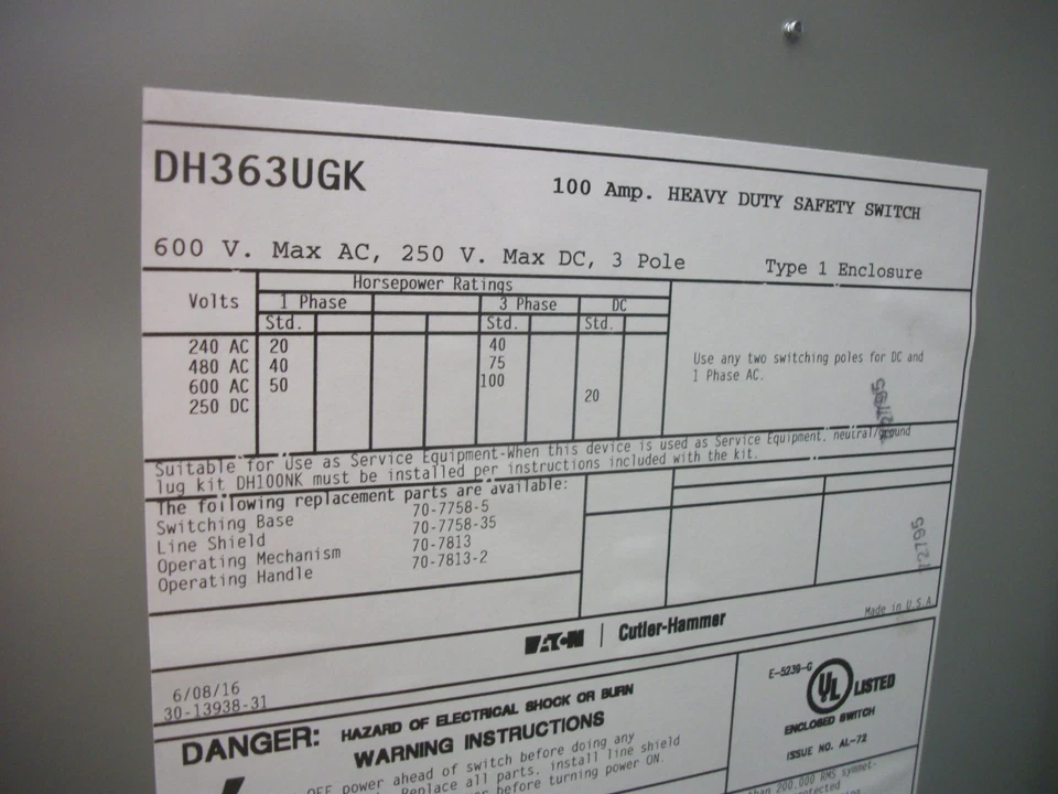 CUTLER-HAMMER DISCONNECT 类型 1 DH363UGK 100AMP 600VOLT 3POLE 非可熔 NOB — 第 3/3 张图片