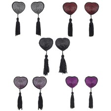 Women Rhinestones Heart Shape Pasties Nipple Cover with Tassels Adhesive Pasties