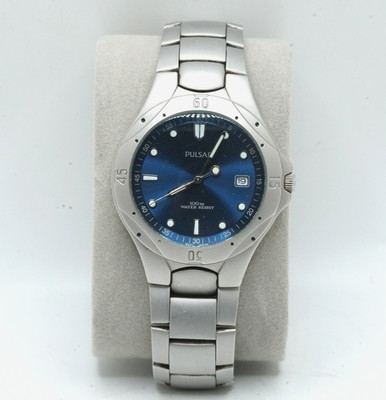 Pulsar VX32-X206 Blue Dial 100M Stainless Steel Men's Quartz Watch - New Battery