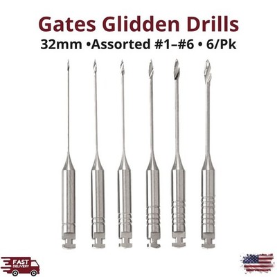 6/Pk Gates Glidden Drill Set 32 mm Stainless Steel #1-6 Assorted Instruments