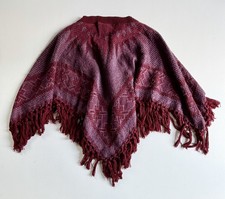 Geometric Maroon Poncho Oversized Boho Embroidered Fringe Festival Cape Shawl