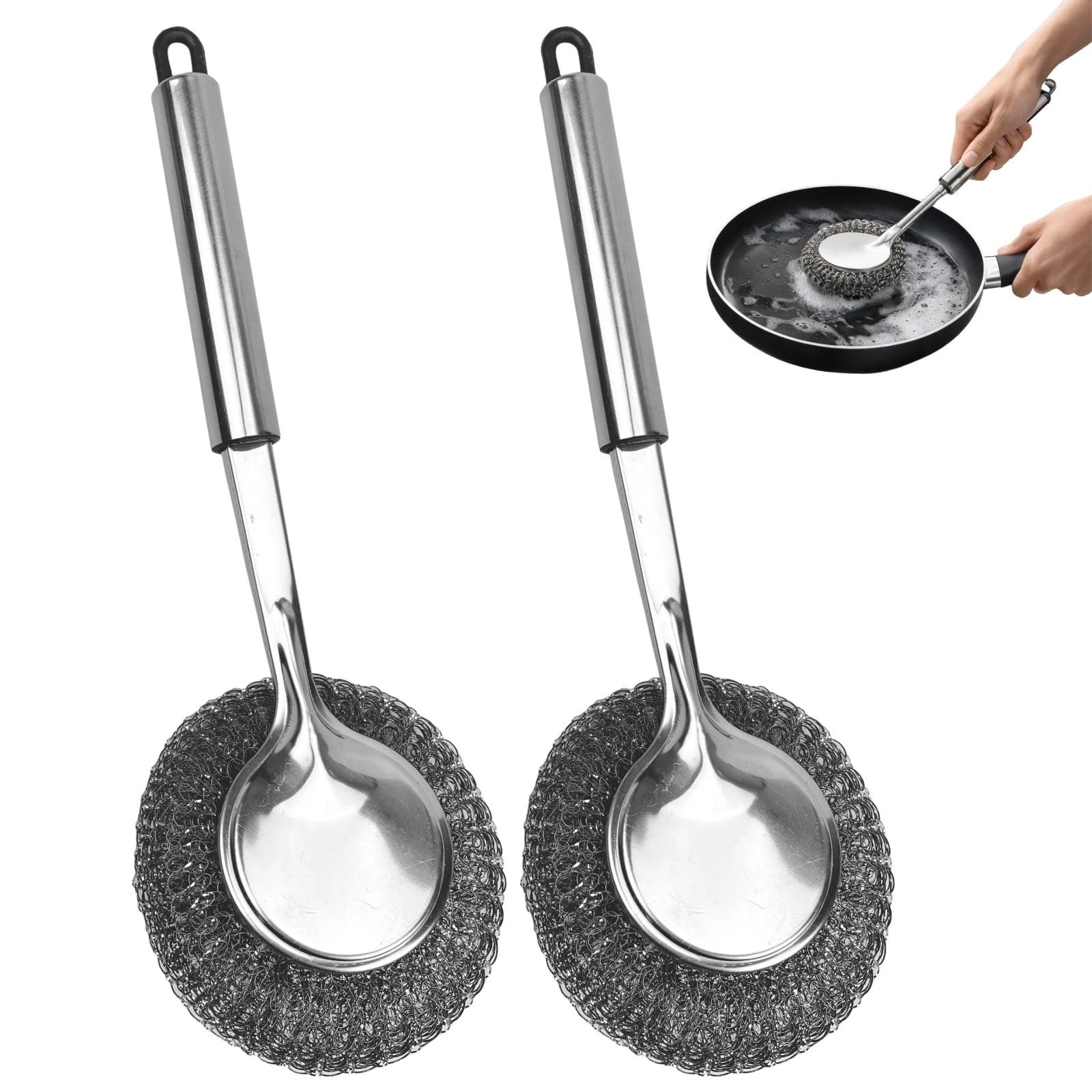 Long Handle Steel Wool Scrubber, Stainless Steel Pot & Pan Scrubber with Repl...