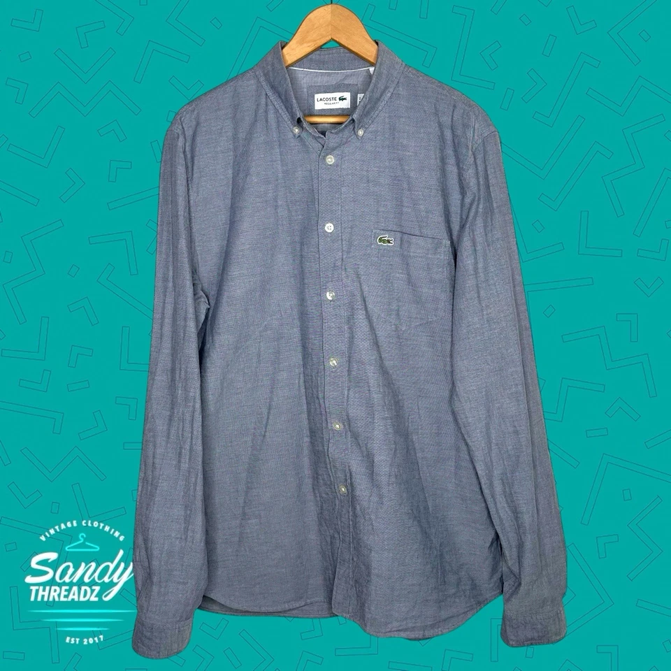 Camisa Lacoste Para Hombre Grande Azul Cambray Manga Larga Con Botones Logo Preppy Foto 3 de 4