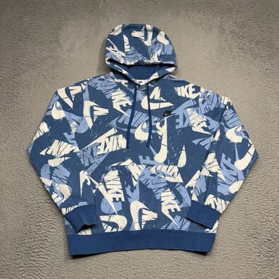 Nike Club Hoodie Men Medium Blue White Sweatshirt Pullover AOP Swoosh Logo