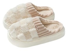 Plush Slippers for Women Men Plaid Cuff Warm Fuzzy 5-5.5 Women/4.5-5 Men White