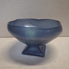 Vintage Northwood Celeselte Blue Cupped Crimped Tree Bark Foot Compote Bowl
