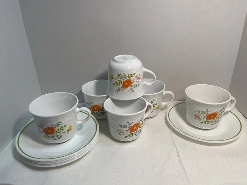 6 Vintage Corning Ware Corelle Spring Meadow Coffee Tea Cups And Saucers 1296