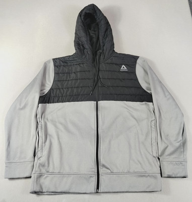 Reebok Jacket Mens Large Gray Black Hooded Full Zip Fleece Insulated Colorblock