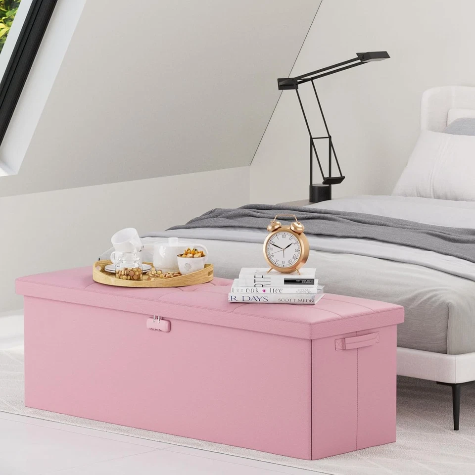 Elegante banco otomano de almacenamiento de cuero rosa con cerradura - ignífugo e impermeable Foto 4 de 4