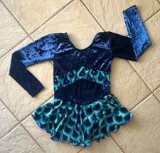 NEW Girls BLUE VELVET Peacock Print GEMS Competition FIGURE ICE SKATING DRESS