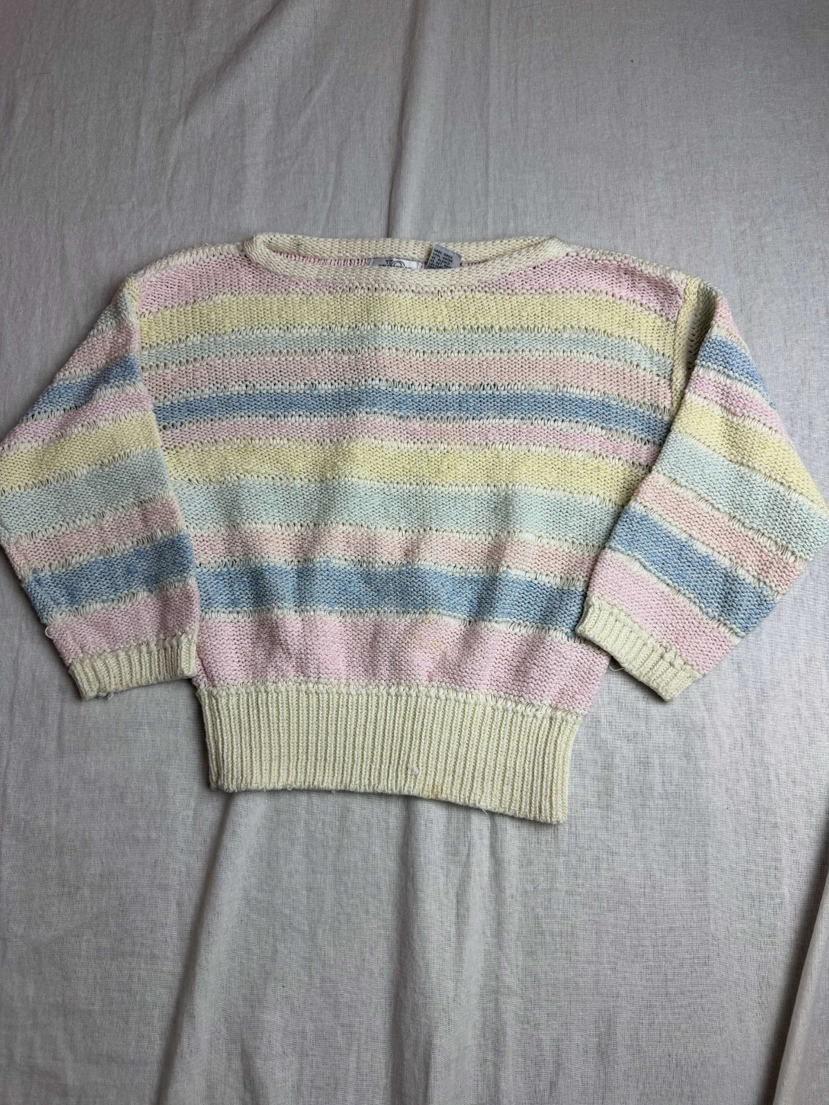 Vintage 80s IQ Knitwear Sweater Womens S Multicolor Pastel Striped Hand Loomed