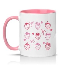 Pink Strawberry Bow Pattern Womens 11oz Ceramic Mug Cute Summer Fruit Gift