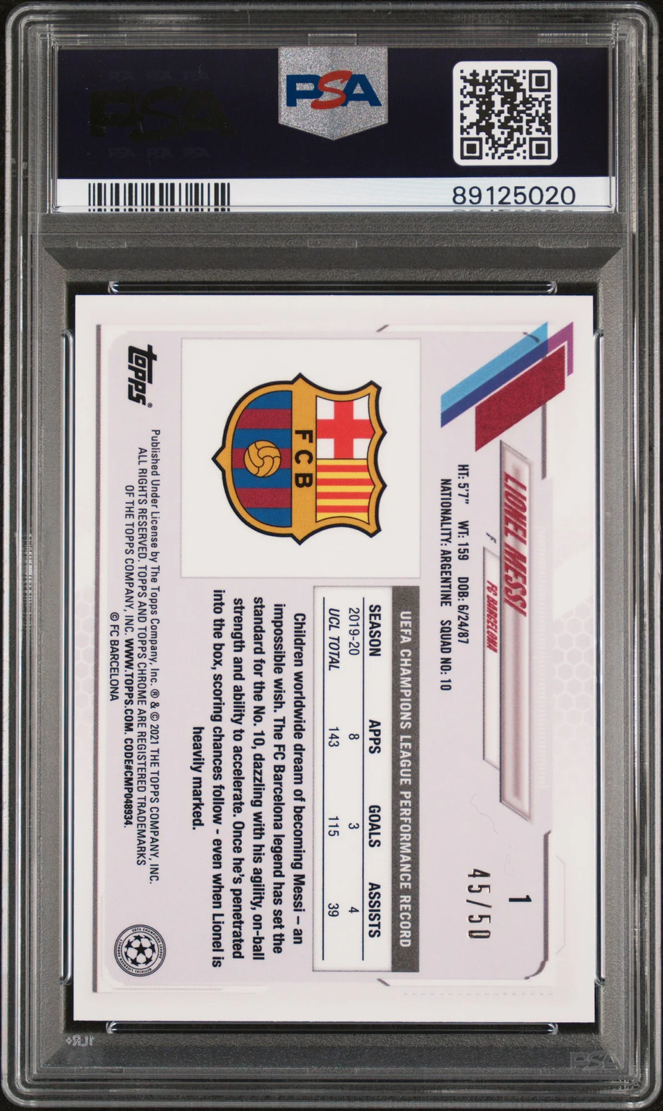 2020 Topps Chrome X Steve Aoki UEFA Lionel Messi True Gold /50 #1 PSA 10 view 2