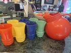 Vintage Anchor Hocking BALL TILT JUG PITCHER & 7 Glass Orange Blue Green Yellow