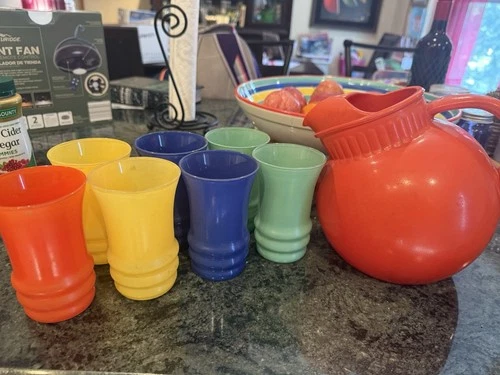 Vintage Anchor Hocking BALL TILT JUG PITCHER & 7 Glass Orange Blue Green Yellow