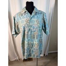 Go Barefoot Hawaiian Shirt Mens Medium Blue Green Patchwork Aloha Made in USA