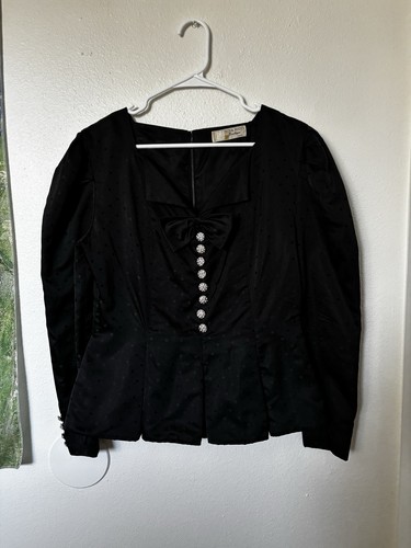 Nina Ricci, Nina Ricci Boutique Black Silk Blouse Long Sleeve Black Polka Dot Bow Vintage