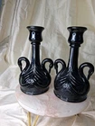 Vtg Swan Black Amethyst Glass Candle Holder Pair Fenton Glass 6.5"Tall Rare Item