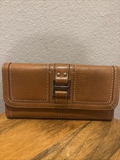FOSSIL Brown Pebbled Leather Trifold Wallet w/Buckle  Stitch Design Women's