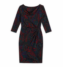 Lauren Ralph Lauren Paisley Print Cowl Neck Ruched Sheath Dress Jersey Size 4