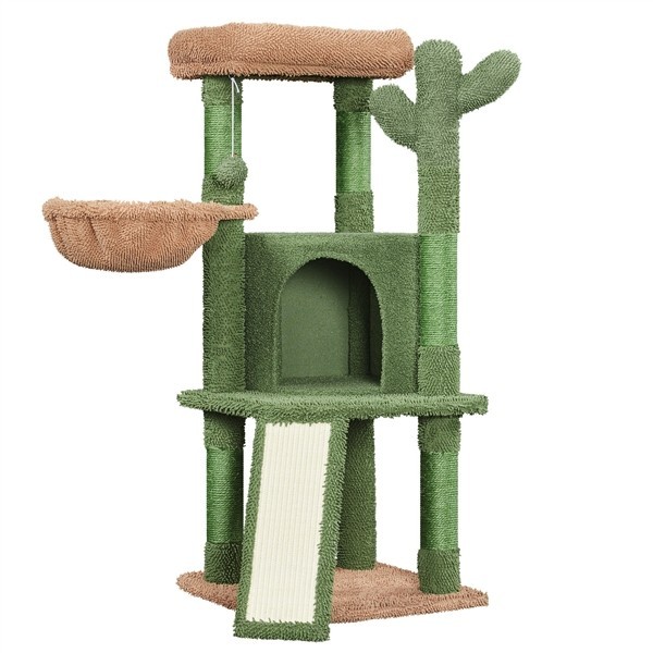 Cactus Cat Tree, Cute Cat Tower for Indoor Cats, Multi-level Cat Condo w/ Basket