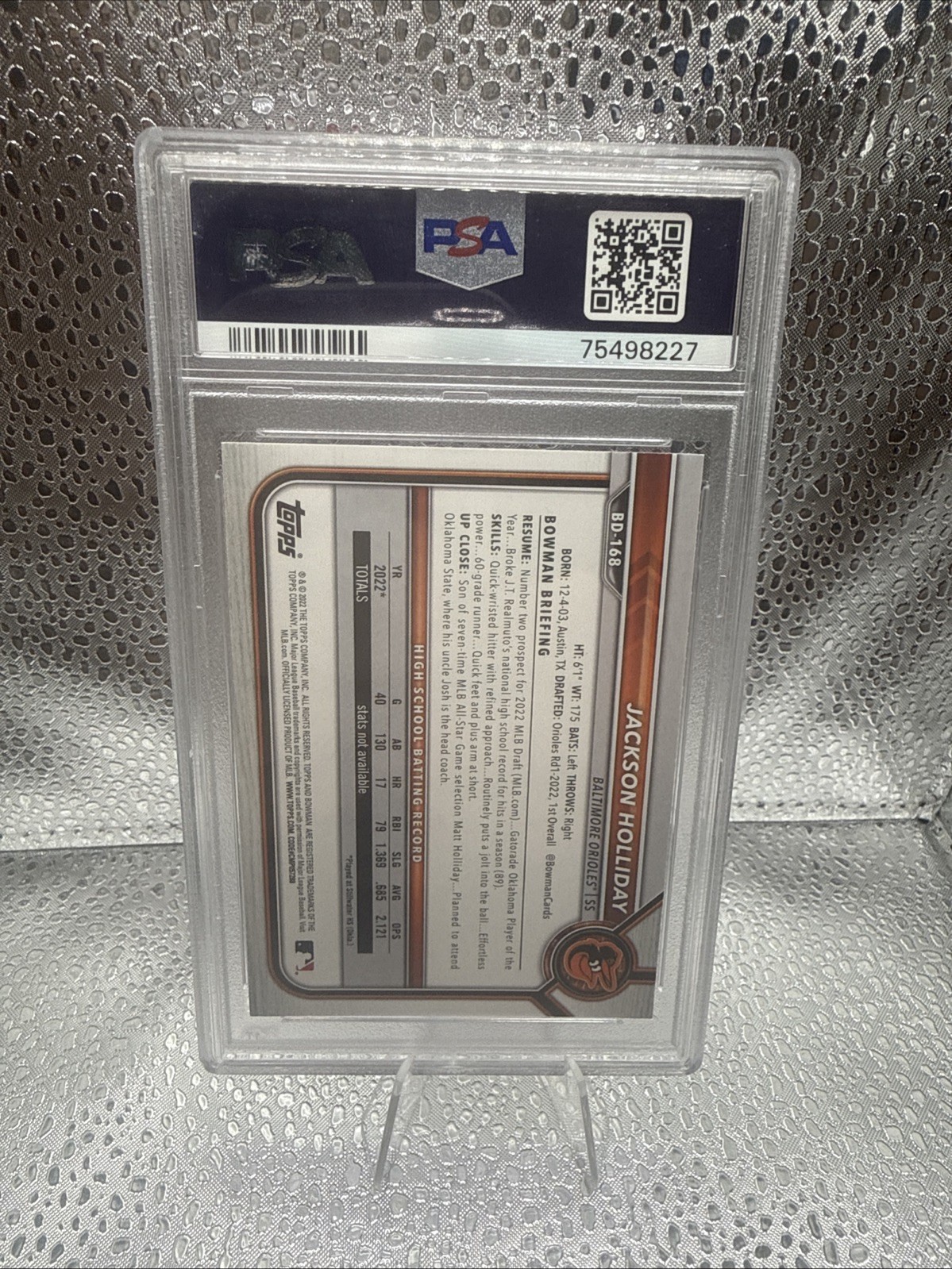 2022 Bowman Draft - Jackson Holliday #BD-168 (RC) Psa 10 view 2