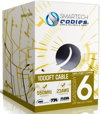 1000ft Cat6 Plenum Ethernet Cable, 100% Pure Copper, 23AWG, UTP, 550MHz, 10Gbps