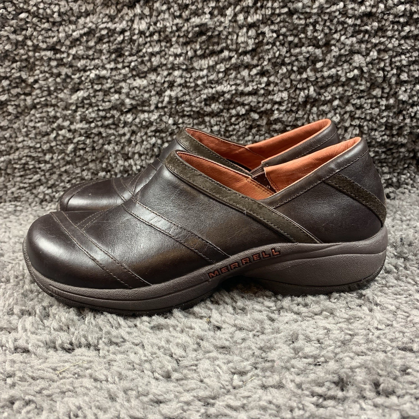 Merrell Primo Patch Bug Marrone Scarpe in Pelle Donna US 8 5 Zoccoli Slip On