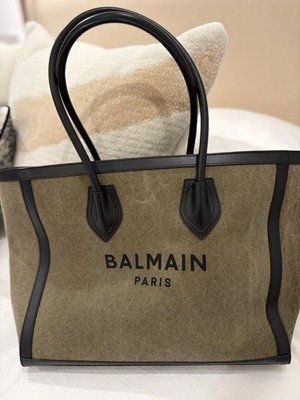 BALMAIN B-Army 42 Tote Bag Khaki w/Black Leather Trim