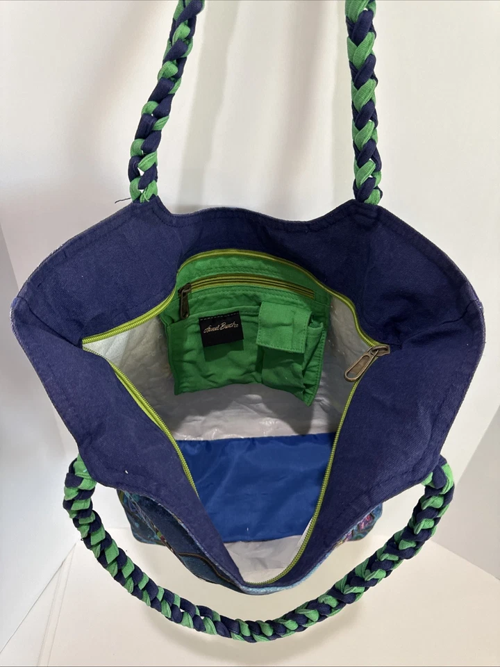 Laurel Burch Canvas Tote Purse Bag Colorful Blue Dogs Whimsical Braided Handles - Image 4 of 4