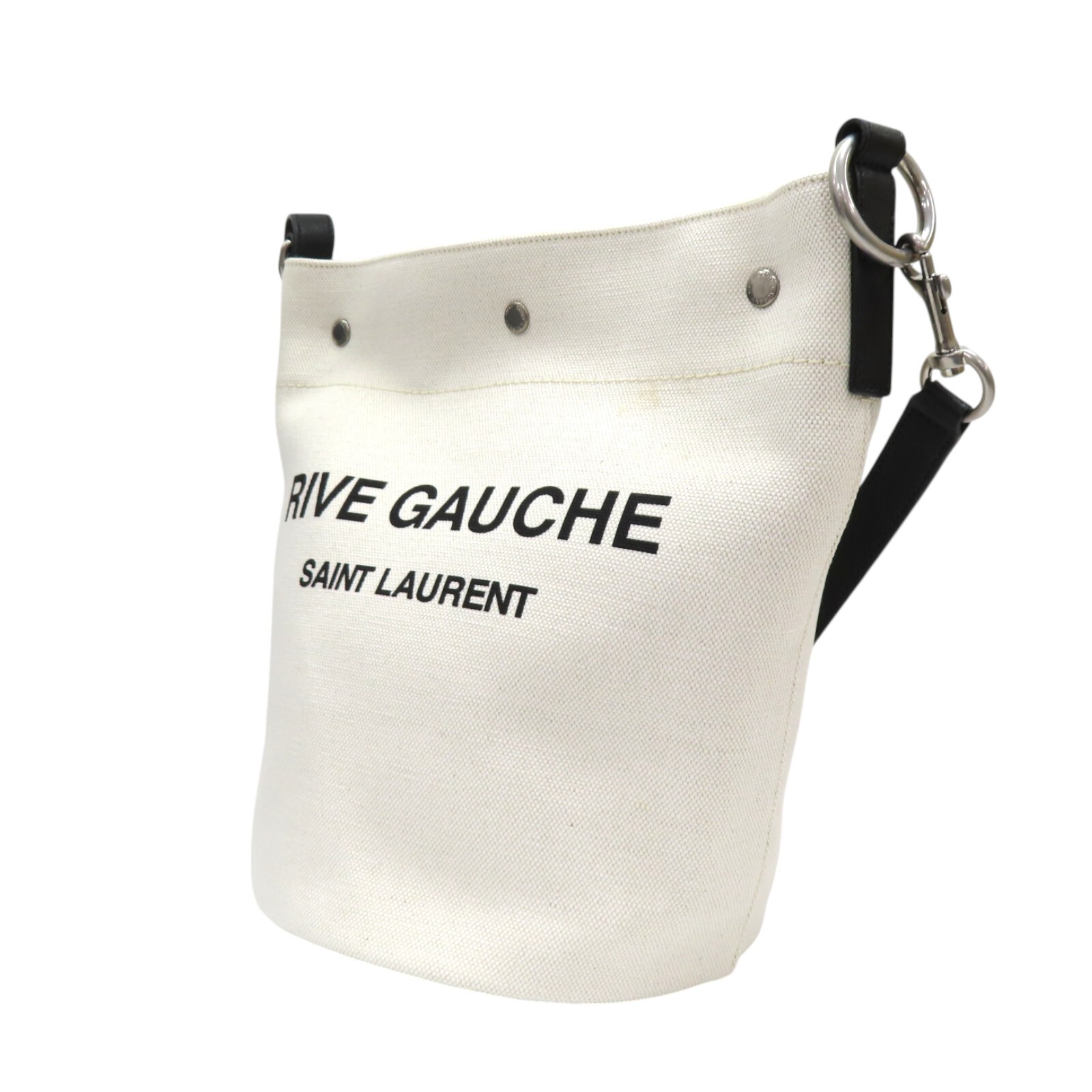 Borsa a tracolla SAINT LAURENT Rive Gauche secchiello tela bianca pelle di vitello nera 669299