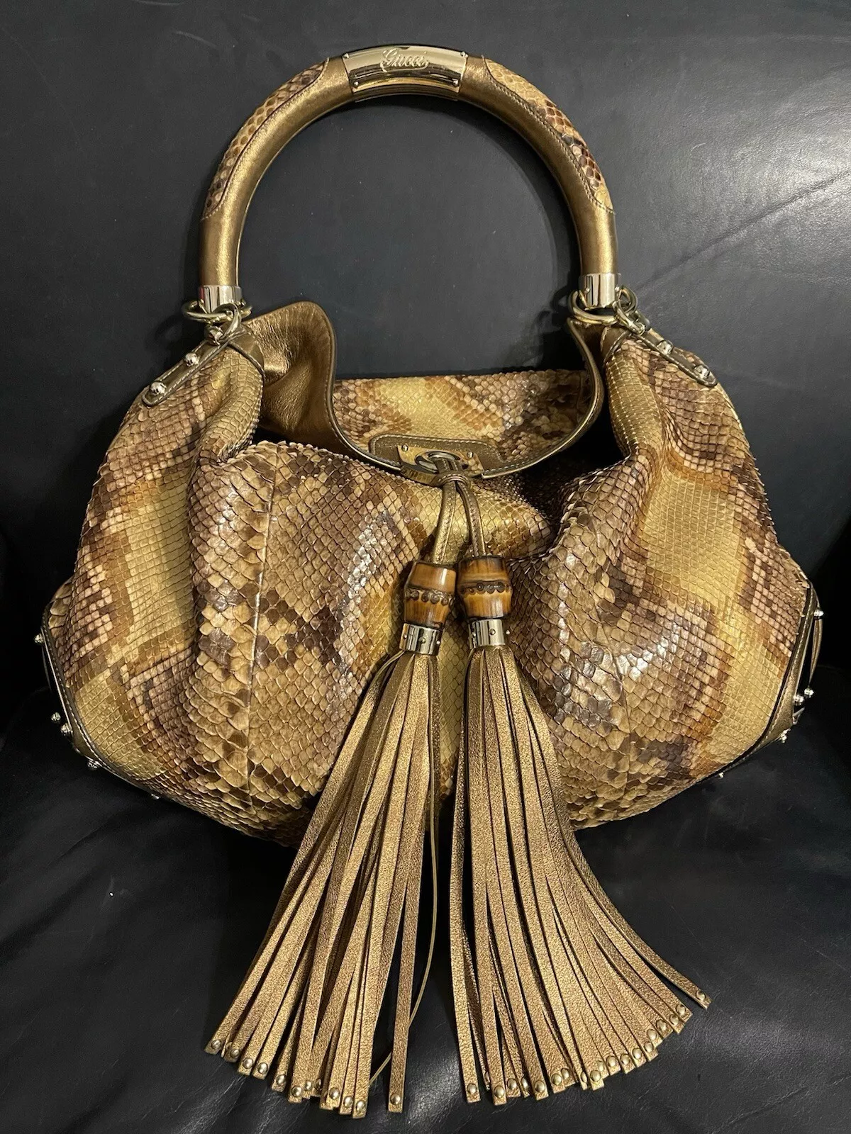 Rare sac Gucci python vintage édition limitée Frange en bambou Pitone Reticolato 2006